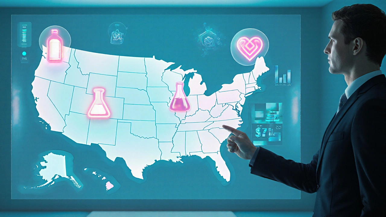 3D scene of a meeting room with a glowing US map highlighting regional manufacturing hubs.
