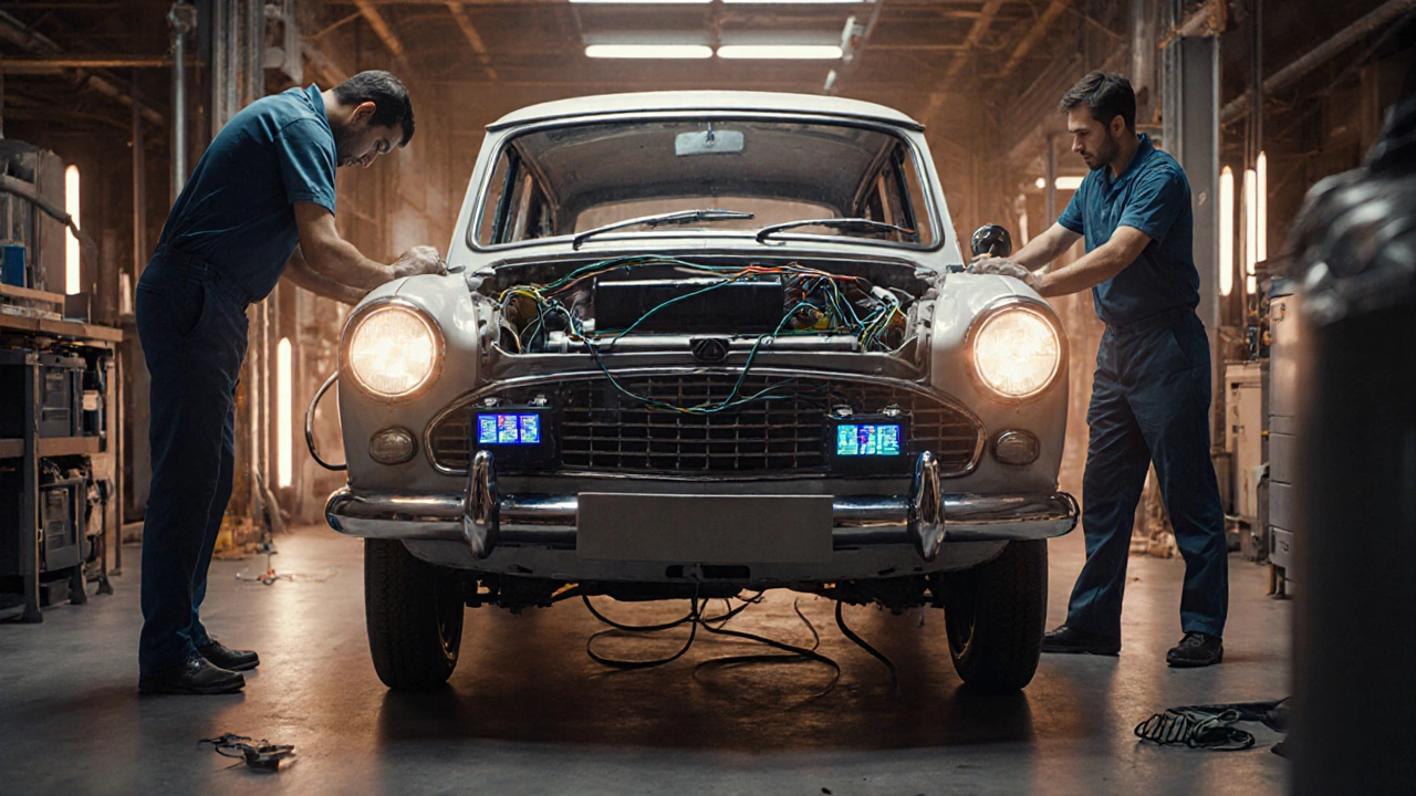 A classic Ambassador car being converted into an electric vehicle in a modern workshop.