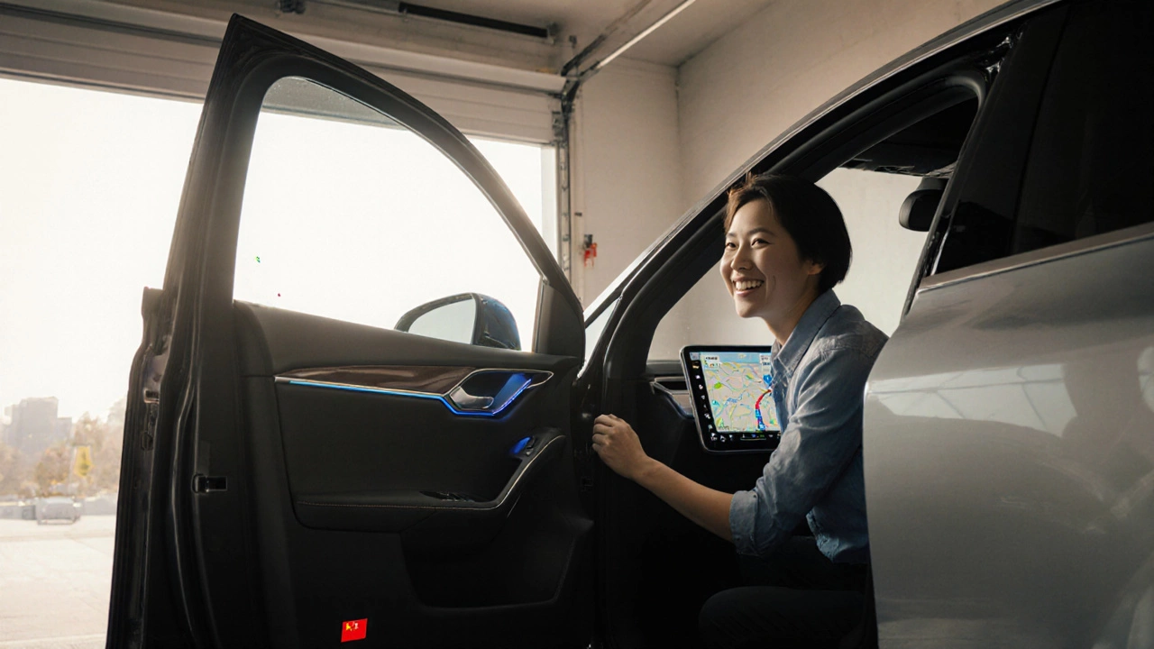 A customer opening the door of a Chinese-made EV, interior glowing with touchscreen, sunlight in garage.