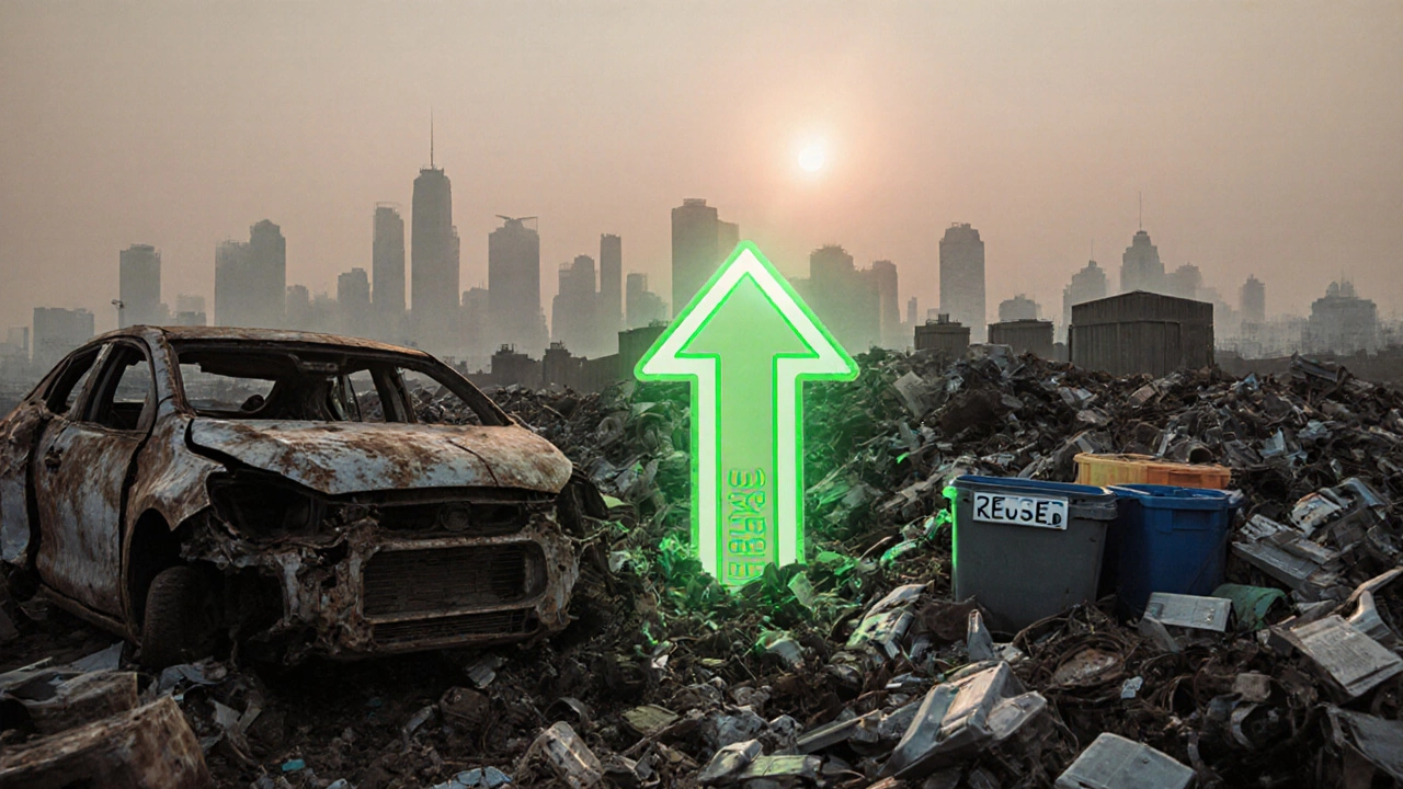 A rusted car chassis being scrapped with recycled parts forming a new EV shape.