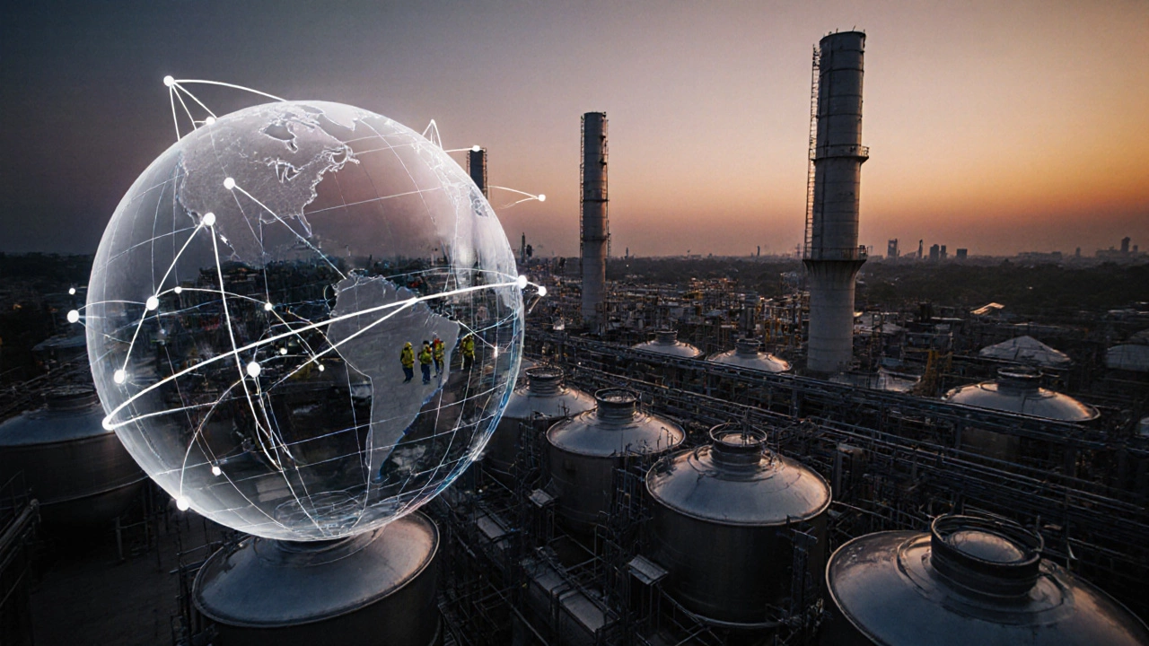 Aerial view of a modern vaccine factory with glowing bioreactors at sunset.