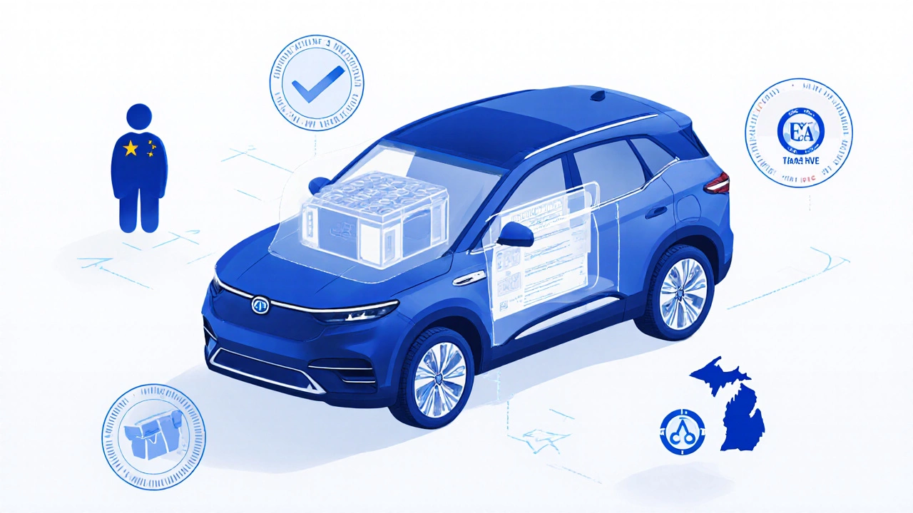 BYD Sealion 7 SUV at a U.S. dealership with transparent view of Chinese battery and safety certifications.
