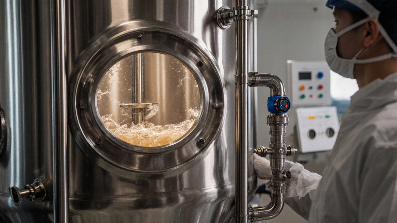 Close‑up of a stainless‑steel fermenter with agitator, sensors, and CIP piping.