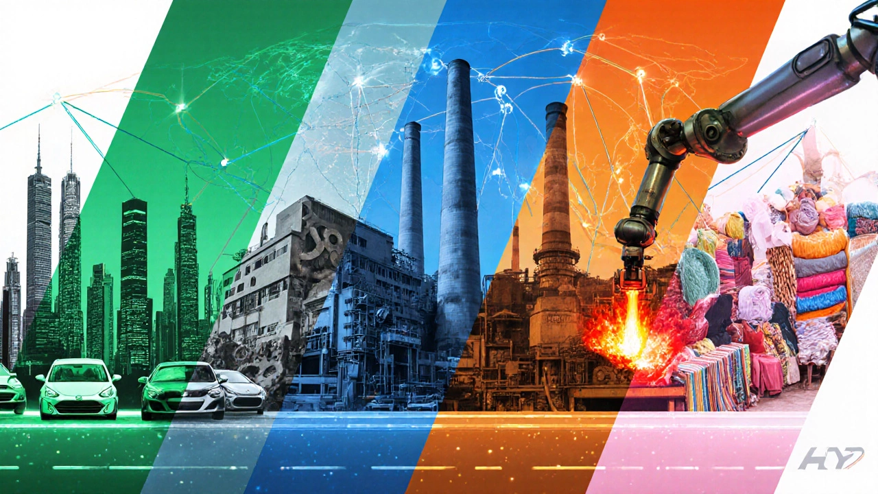 Collage of Guangzhou, Detroit, Stuttgart, Monterrey, and Ho Chi Minh City showing key industries.