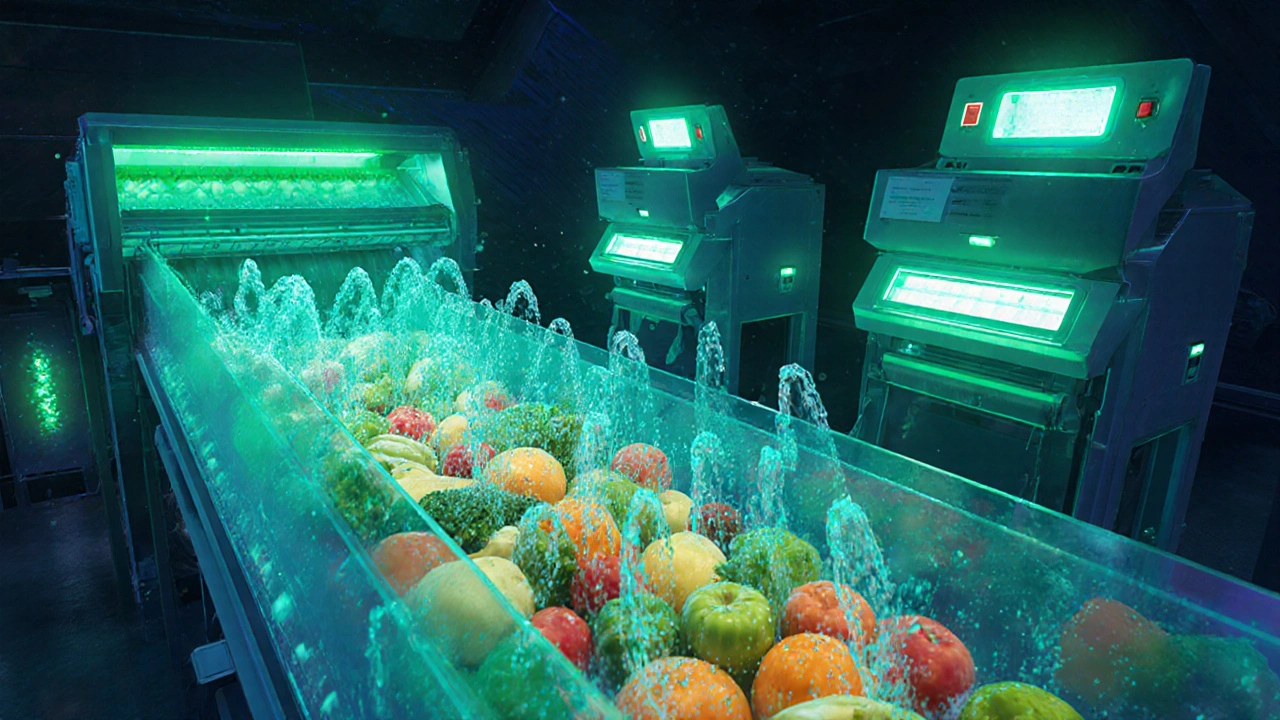 Colorful illustration of produce being washed, sorted by sensors and X‑ray scanner.