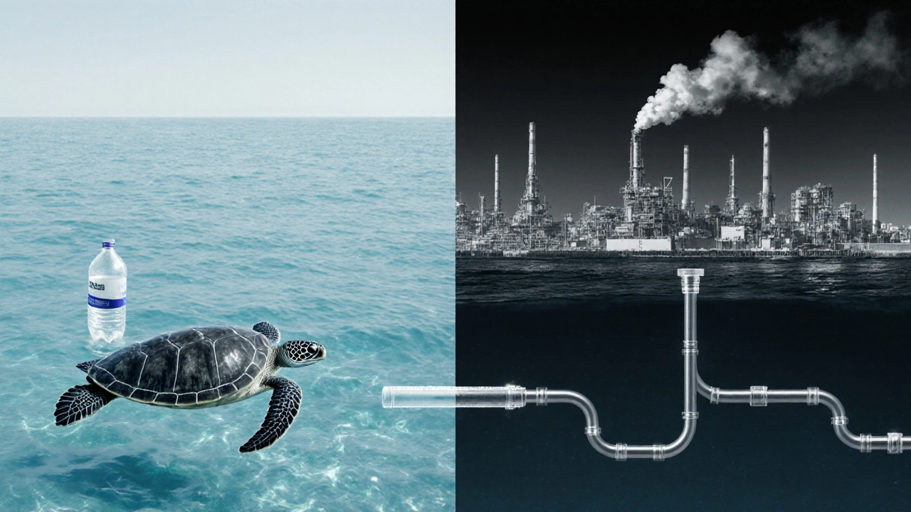 Contrasting ocean with turtle and plastic bottle against refinery skyline connected by a supply tube.