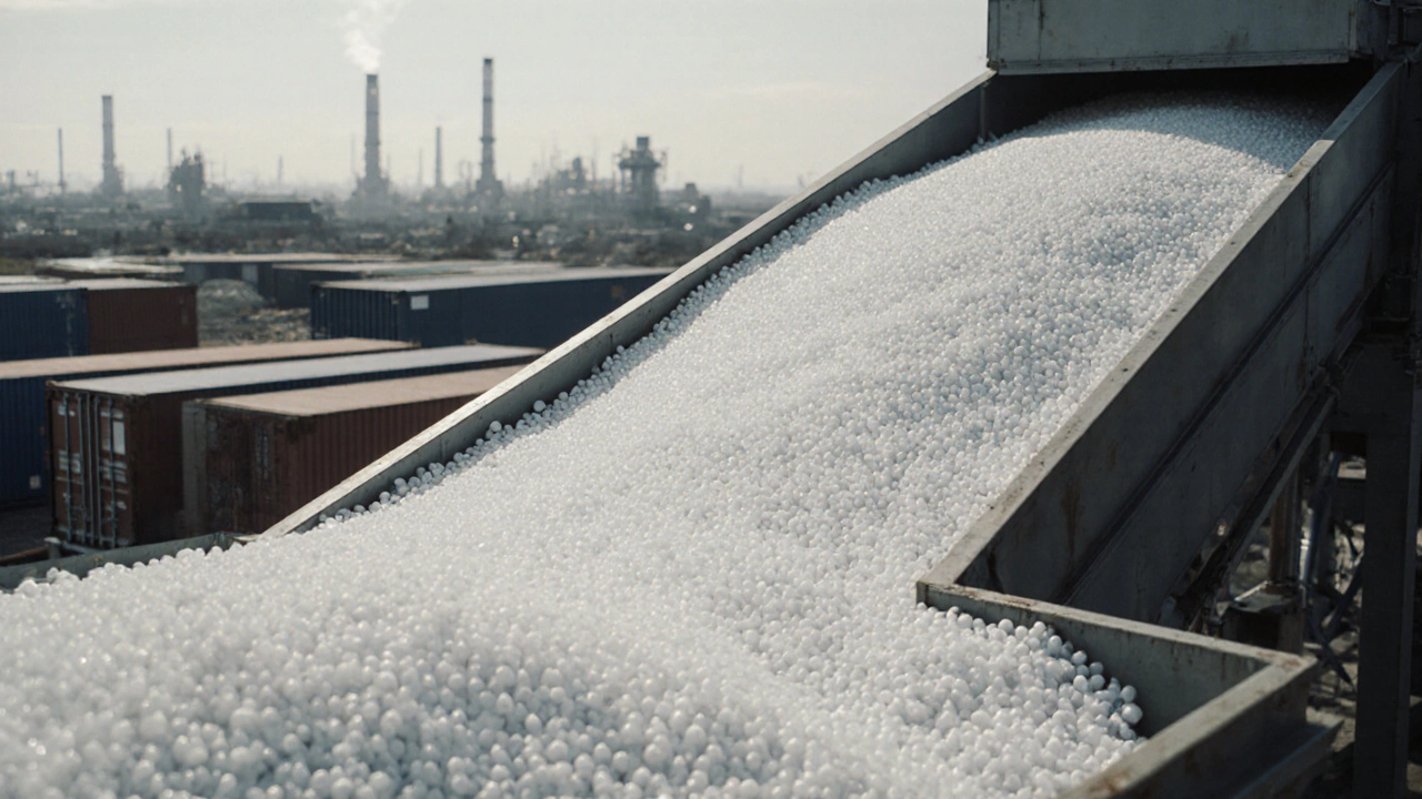 Conveyor belt pouring millions of white plastic pellets into shipping containers at a factory.