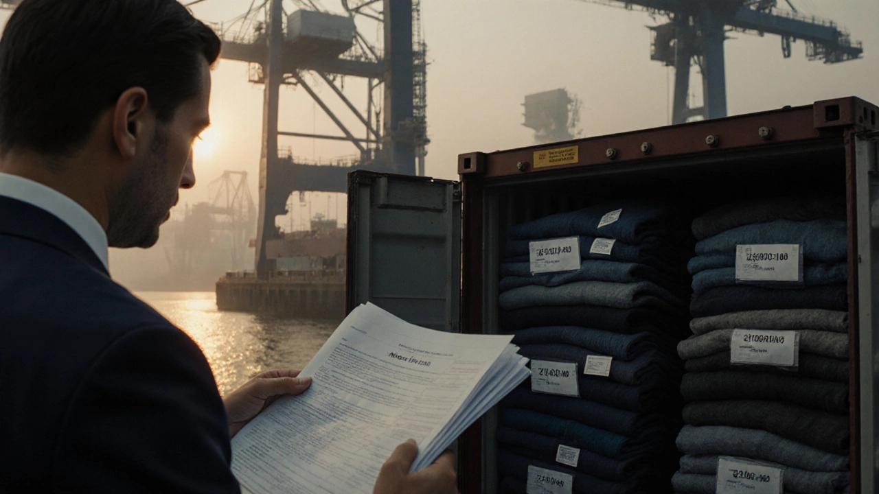Customs broker inspecting garment container with "Made in India" labels at a New York dock.