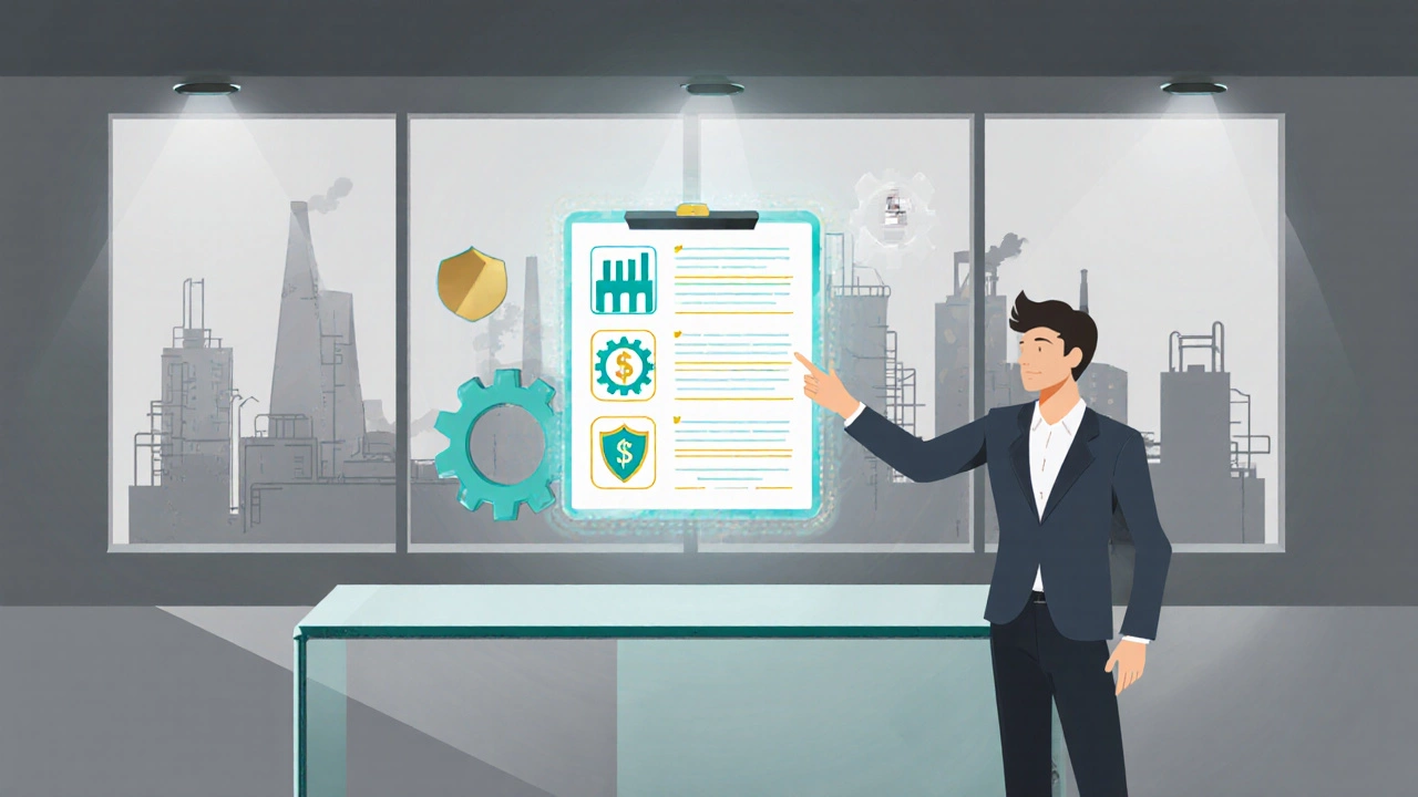 Entrepreneur reviewing a holographic checklist in a modern office overlooking a city.