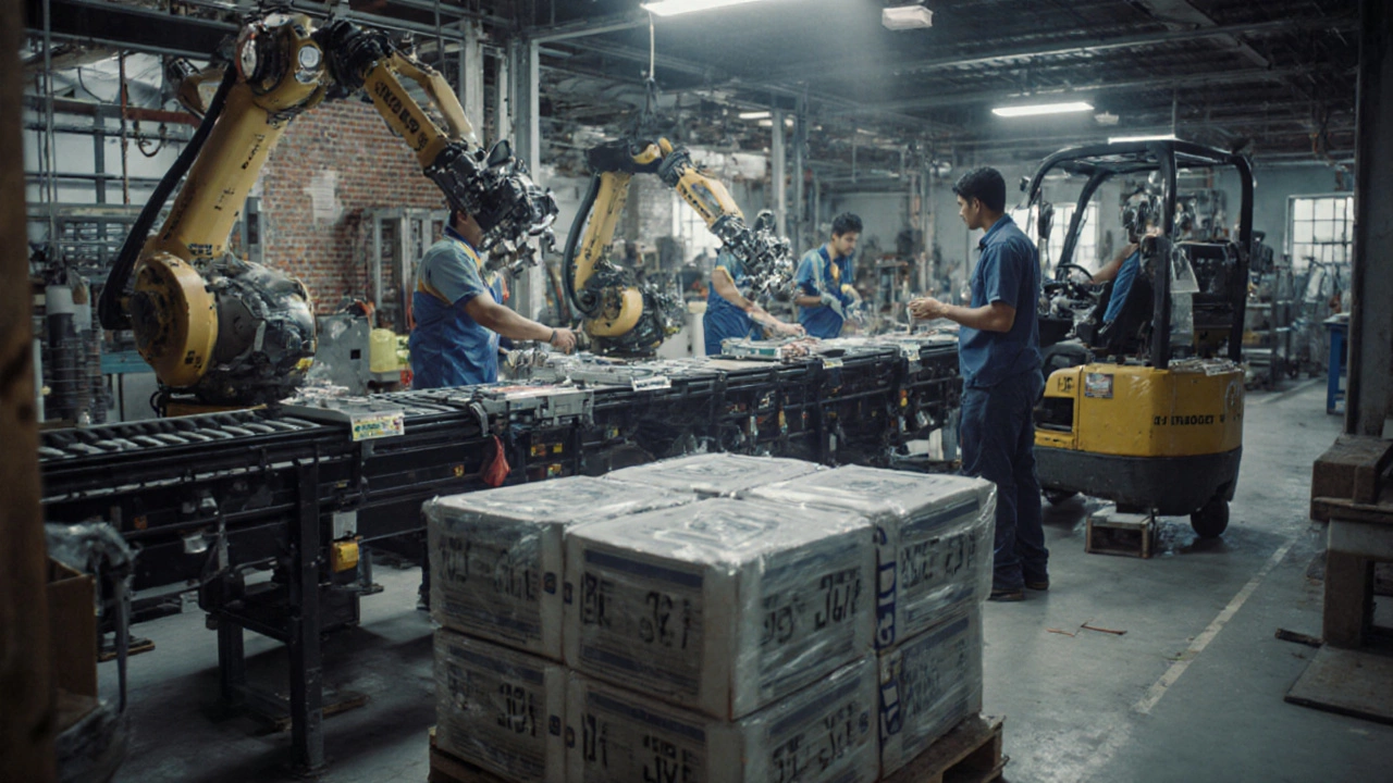 Factory pilot run with conveyor, robotic arms, workers inspecting products.
