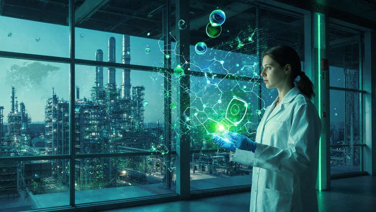 Futuristic BASF lab with holographic data, scientists, and green sustainability visuals.