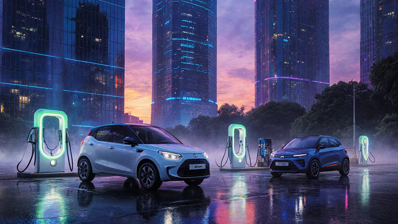 Futuristic city scene with electric Alto and Nexon EV charging in neon light.