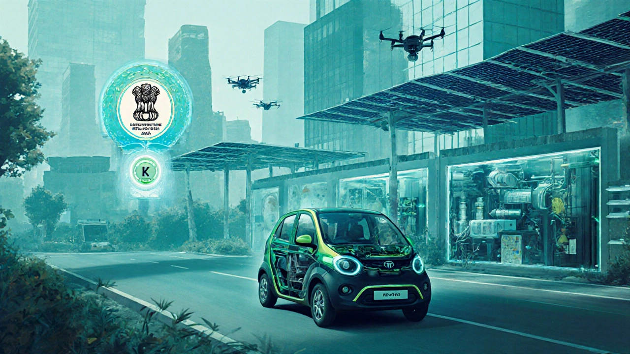 Futuristic city scene with electric Tata Nano, Indian battery plant, and green technology.
