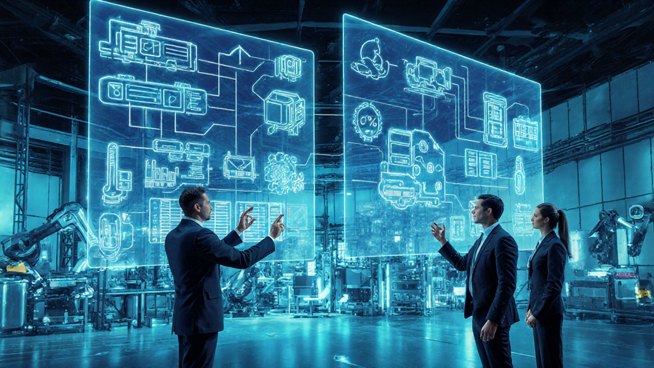 Futuristic control room with holographic dashboards displaying real-time metrics from food industry units.