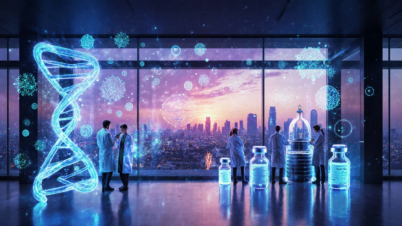 Futuristic Hyderabad biotech campus with scientists, DNA sculptures, and city skyline.