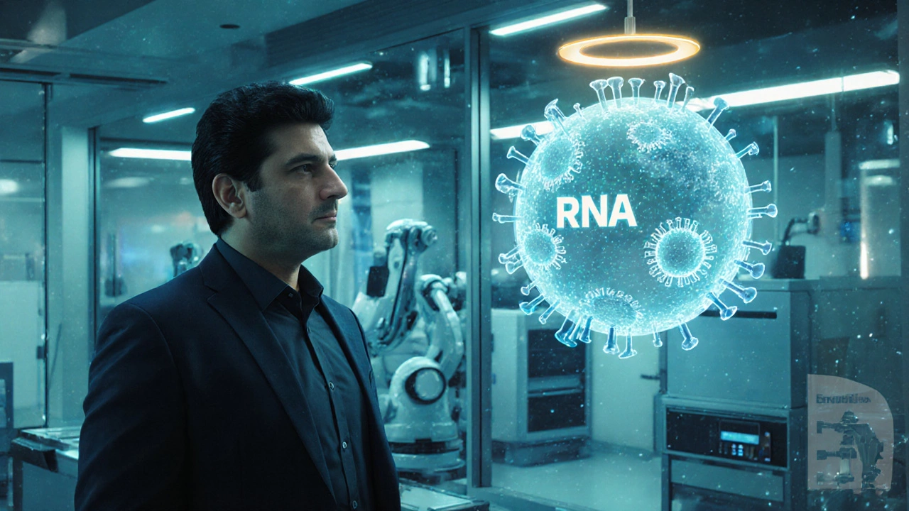 Futuristic lab scene showing Poonawalla overseeing holographic mRNA vaccine designs.