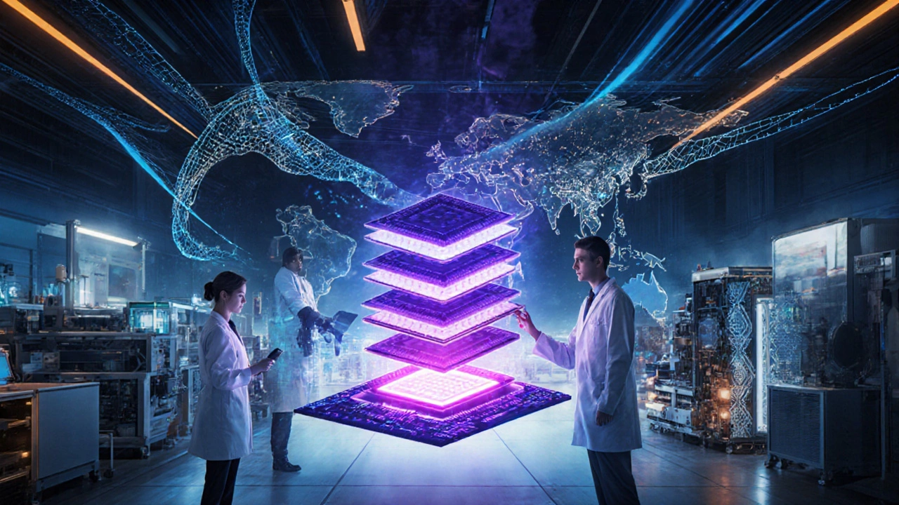 Futuristic lab with holographic 3D chip and engineers working alongside AI.