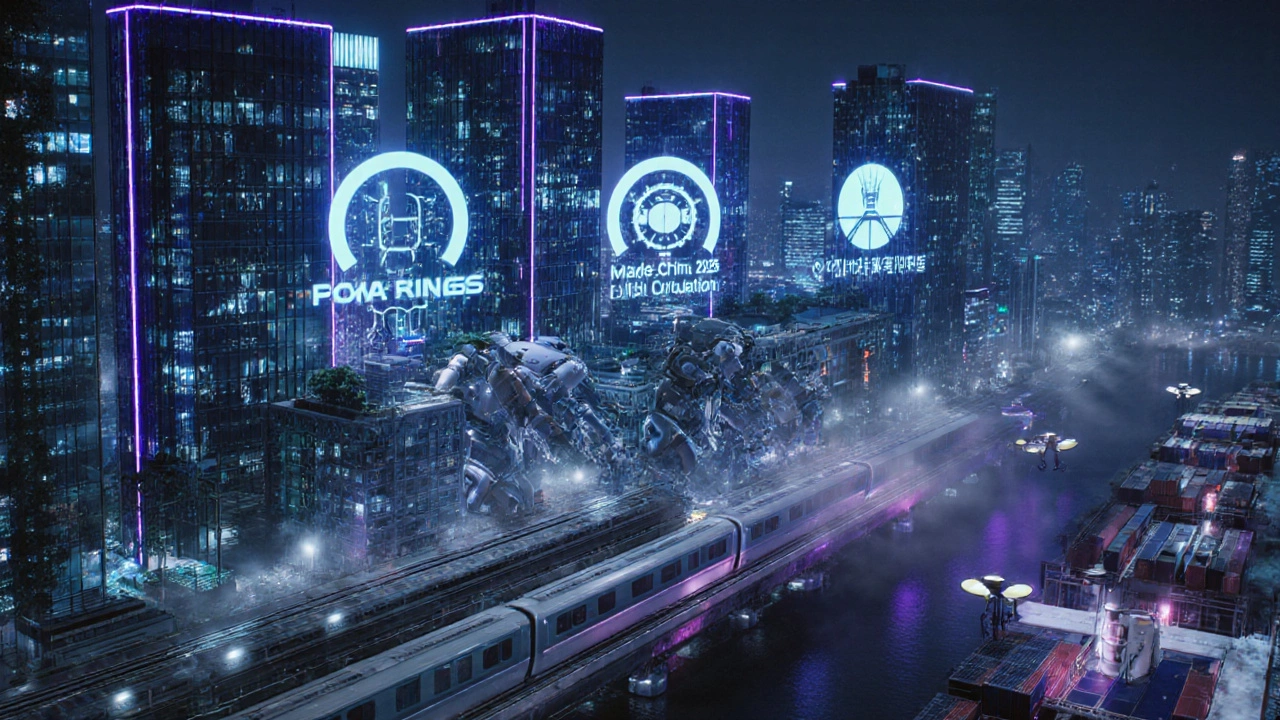 Futuristic night Shenzhen factory with robots, neon lights, and holographic policy icons.