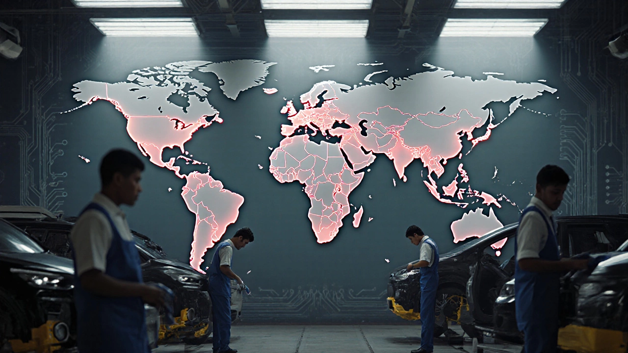 Global export routes from India showing cars like Hyundai Creta and Tata Nexon EV shipped worldwide.