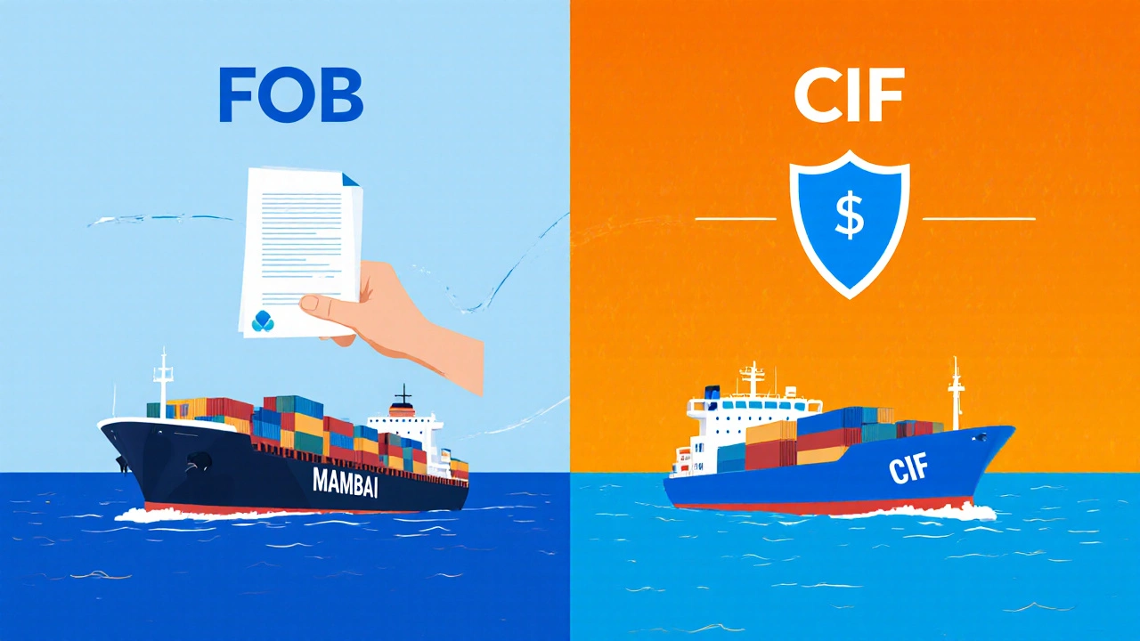 Illustration comparing FOB and CIF shipping with two cargo ships and insurance shield.