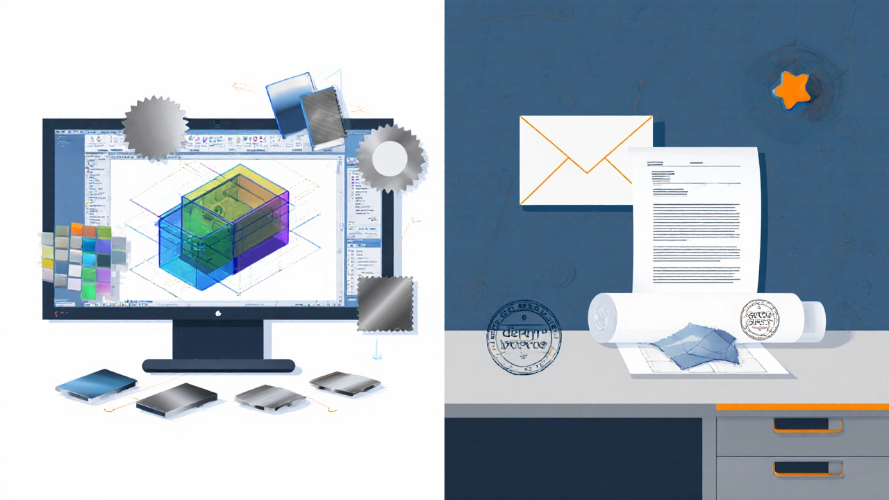 Illustration of CAD model, material samples, prototype and sealed patent envelope.