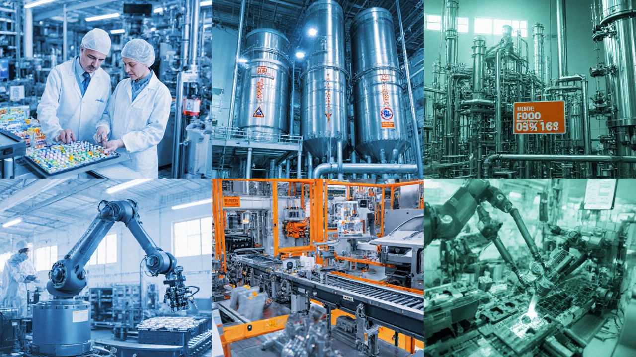 Illustration of six top‑margin manufacturing sectors: pharma, chemicals, medical devices, electronics, food, automotive.