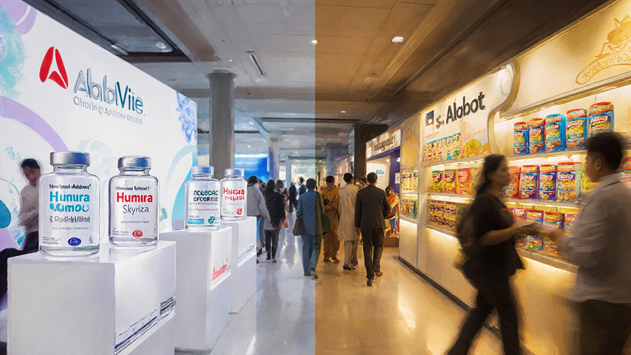 Indian hospital corridor showing AbbVie biologic vials and Abbott nutrition products.