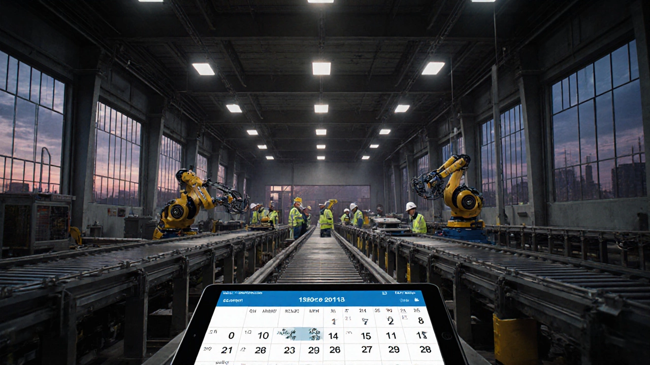 Industrial production line with robots, workers, and a tablet displaying trade show dates.