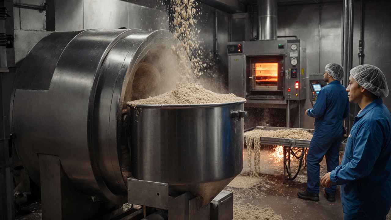 Inside a processing plant with mixers, ovens, extrusion machines and operators in safety gear.