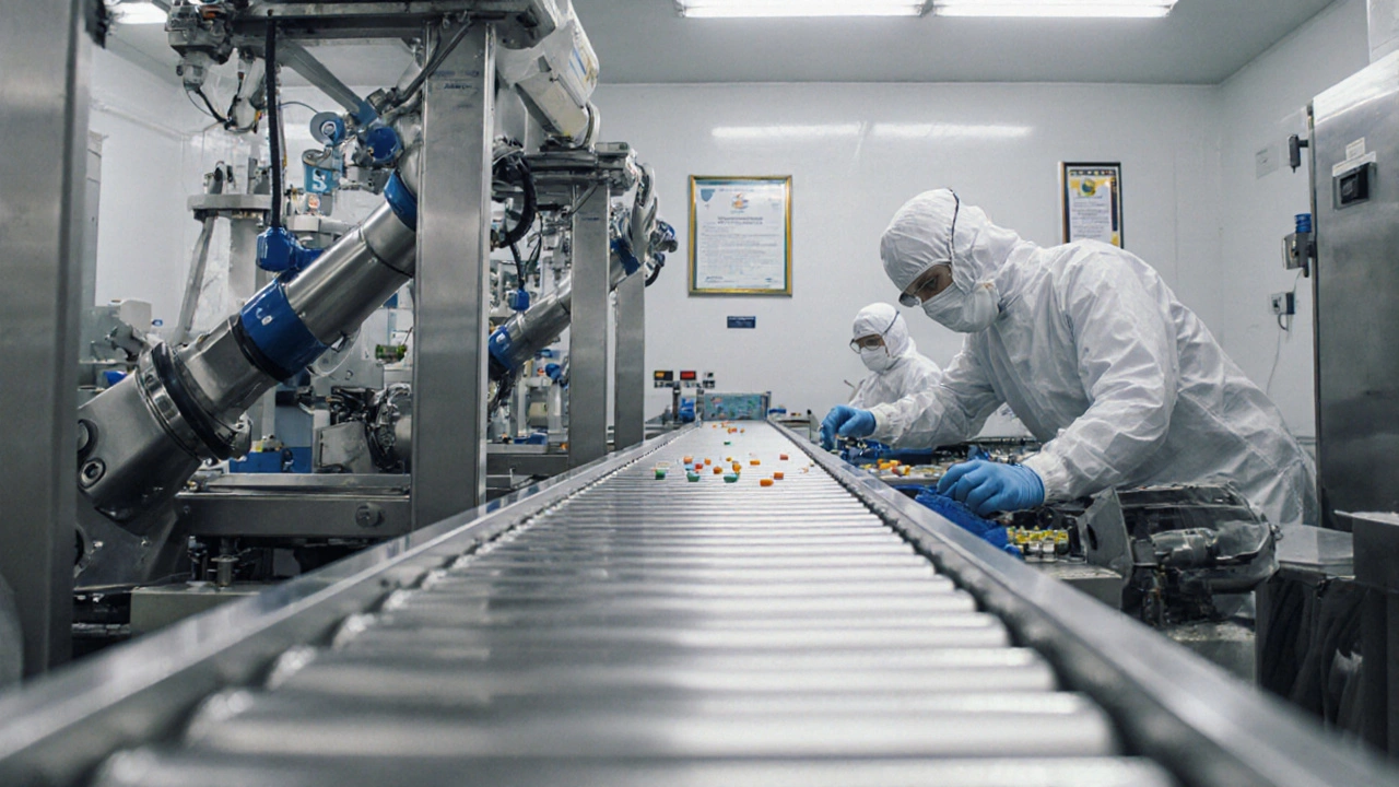 Inside Sun Pharma Rampur plant: cleanroom workers and shiny production line equipment.