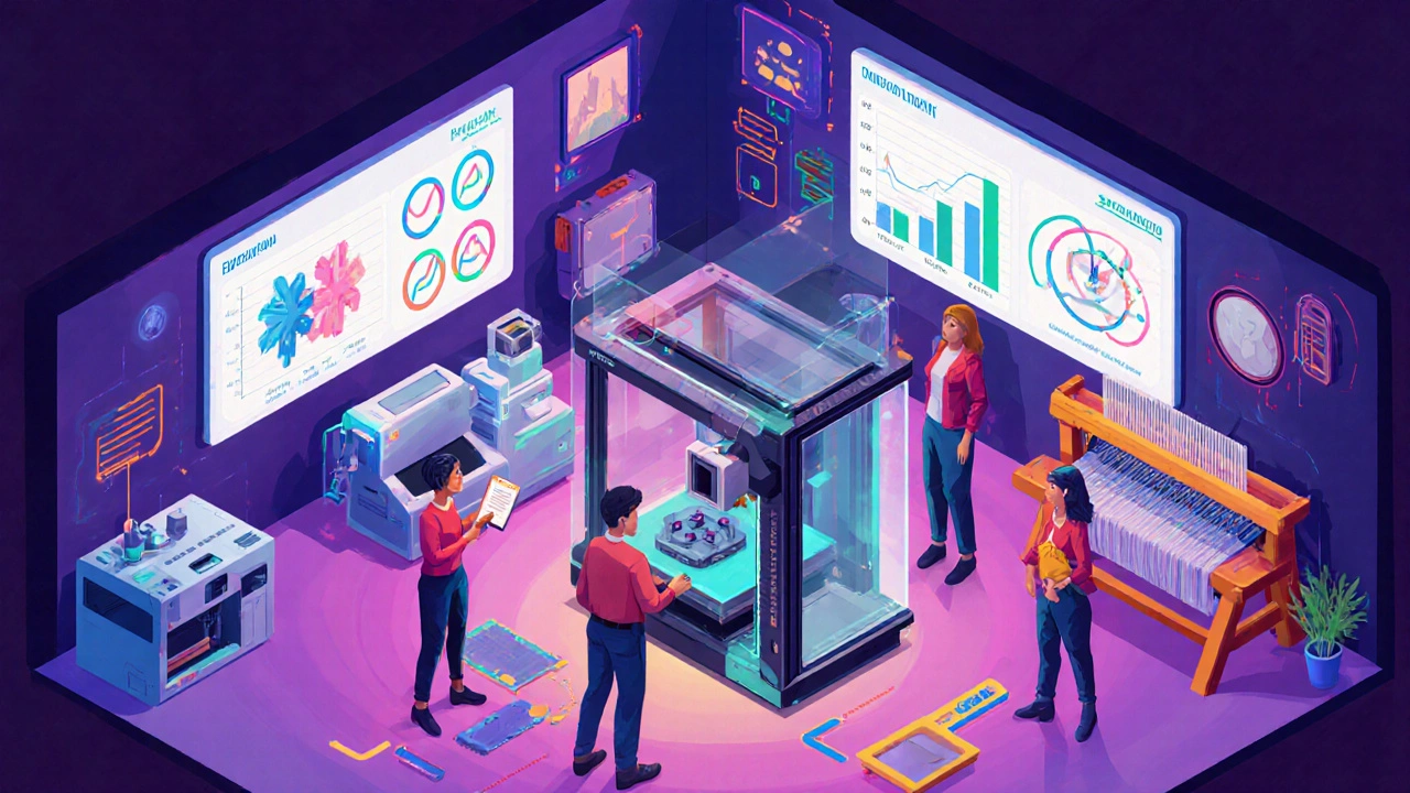 Isometric maker‑space with 3D printer, CNC machine, and holographic funding charts.