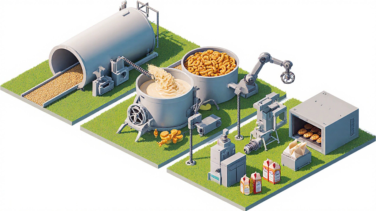 Isometric scene showing primary cleaning, secondary mixing/extrusion, and tertiary packaging steps.