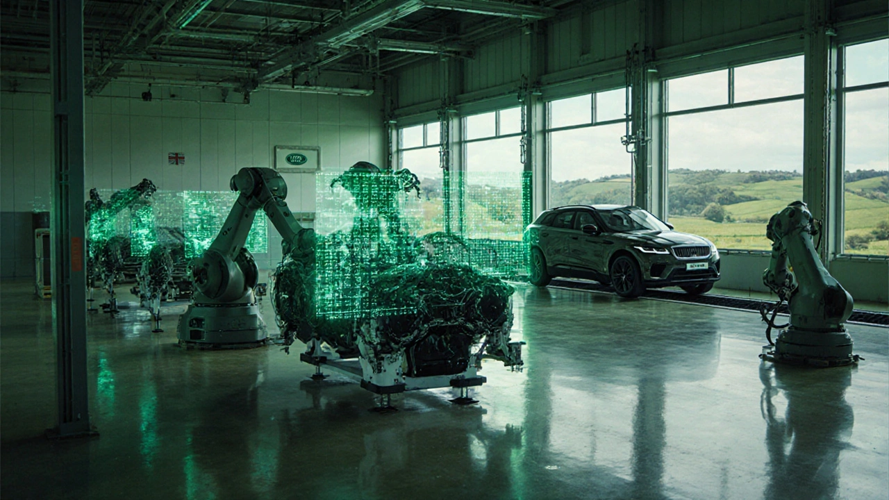 Jaguar Land Rover low‑carbon engine line with robots, digital twins, and an electric SUV chassis.