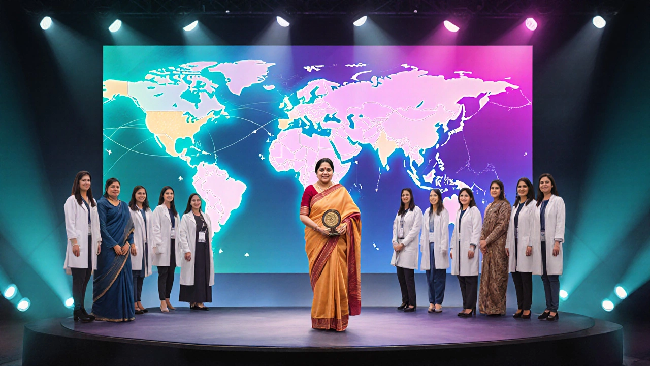 Kiran receiving Padma Bhushan with diverse female scientists on stage.