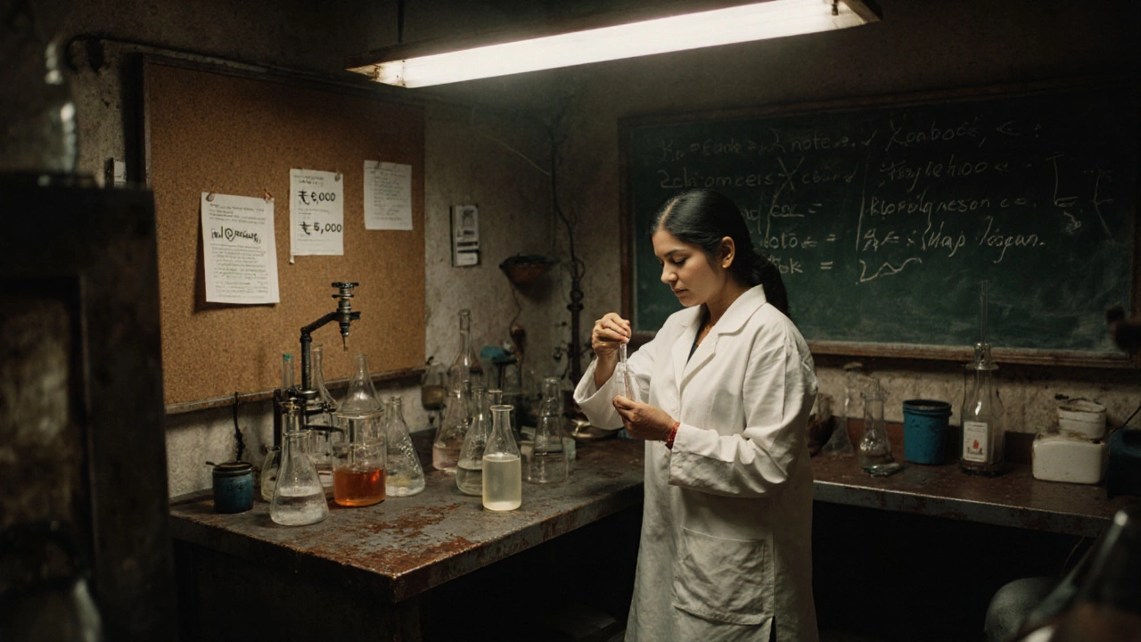 Kiran working in a garage lab with early Biocon equipment.