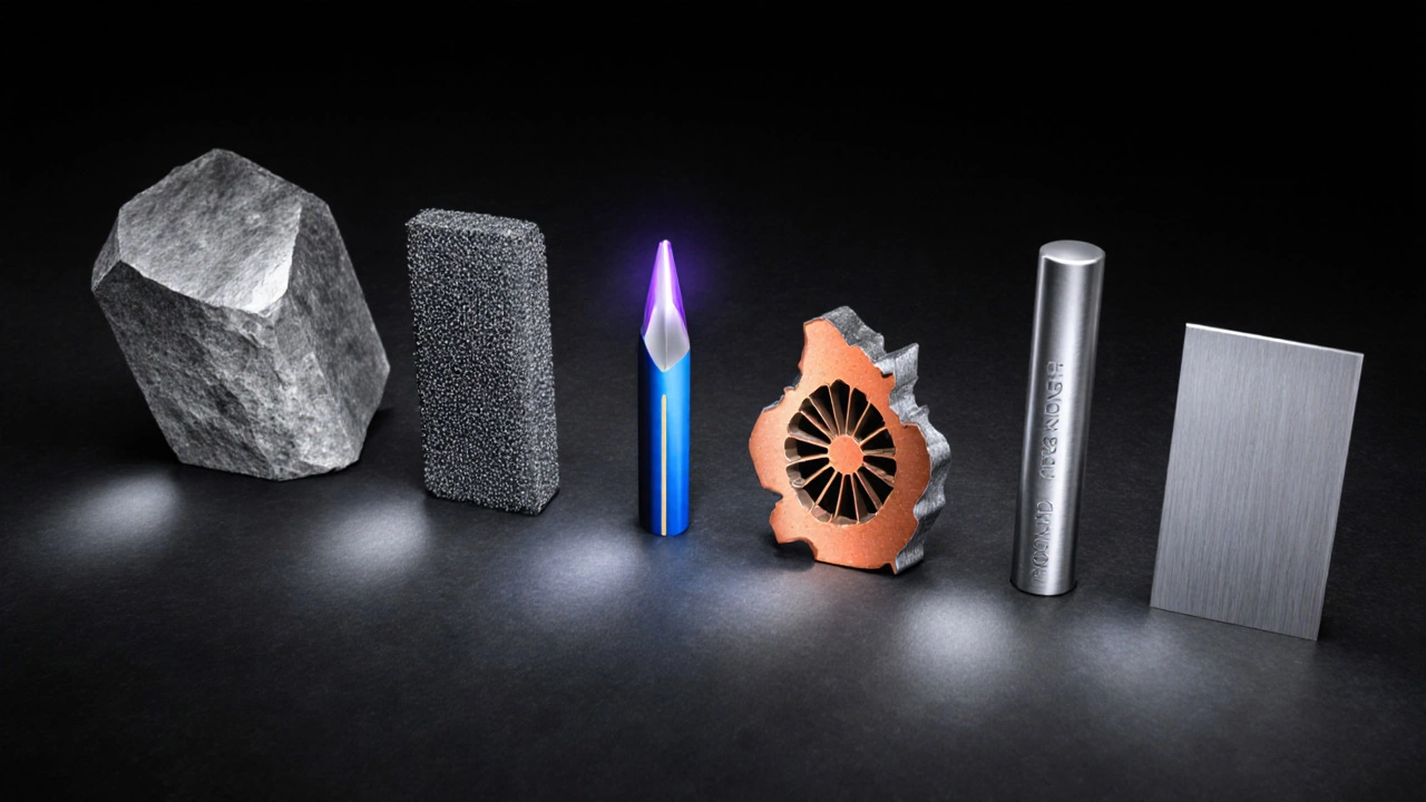 Lineup of metal samples: tungsten, tungsten carbide, maraging steel, Inconel, UHS steel, titanium.