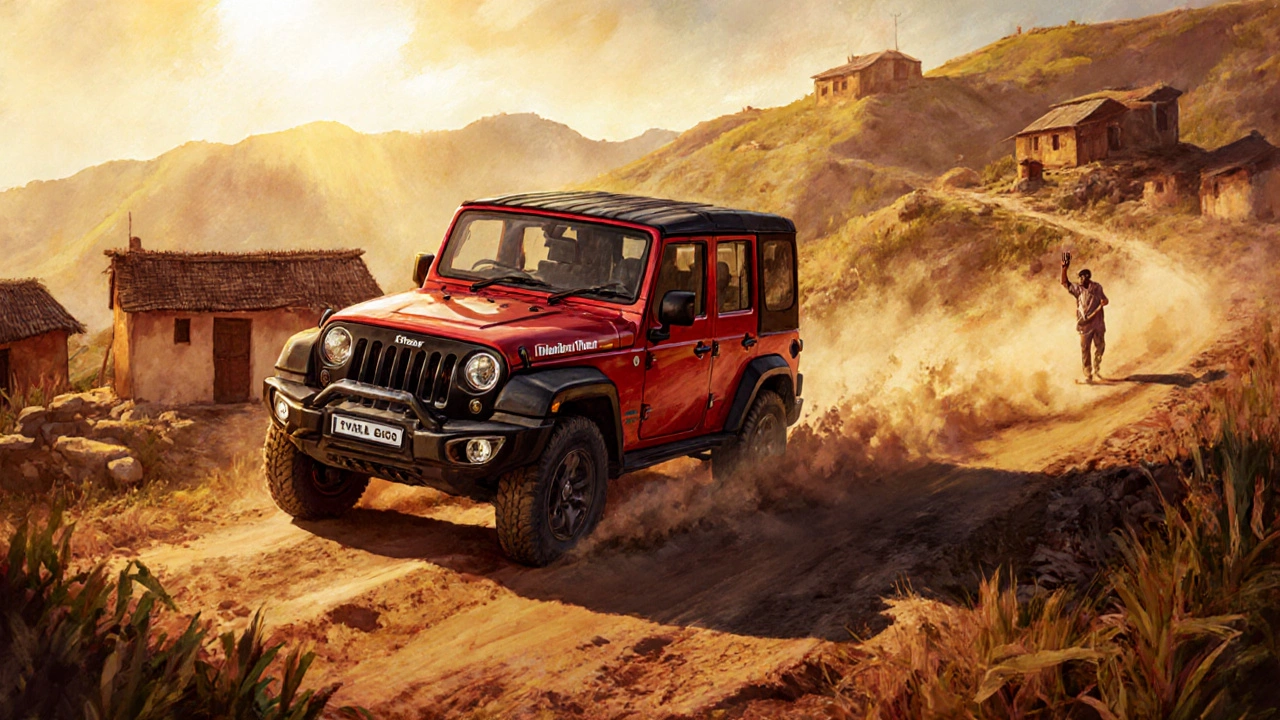 Mahindra Thar SUV climbing a dusty mountain trail in rural India.