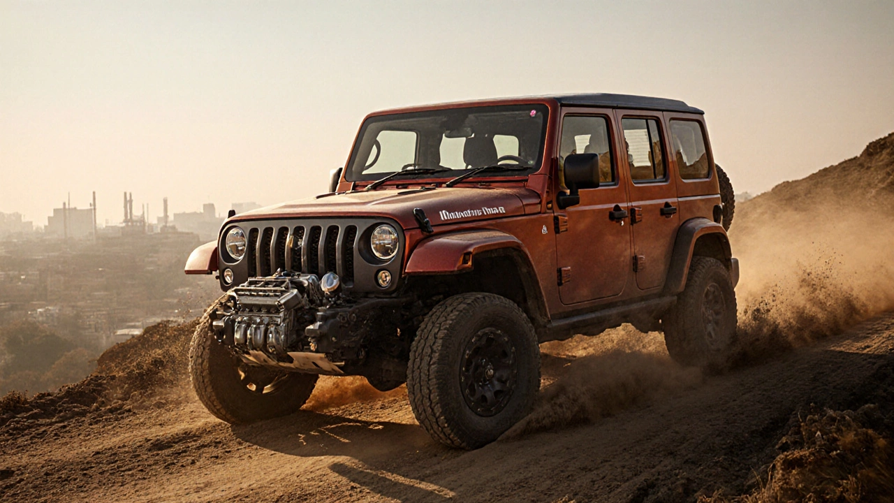Mahindra Thar SUV driving on a dusty hill road, engine visible, Indian factories in background.
