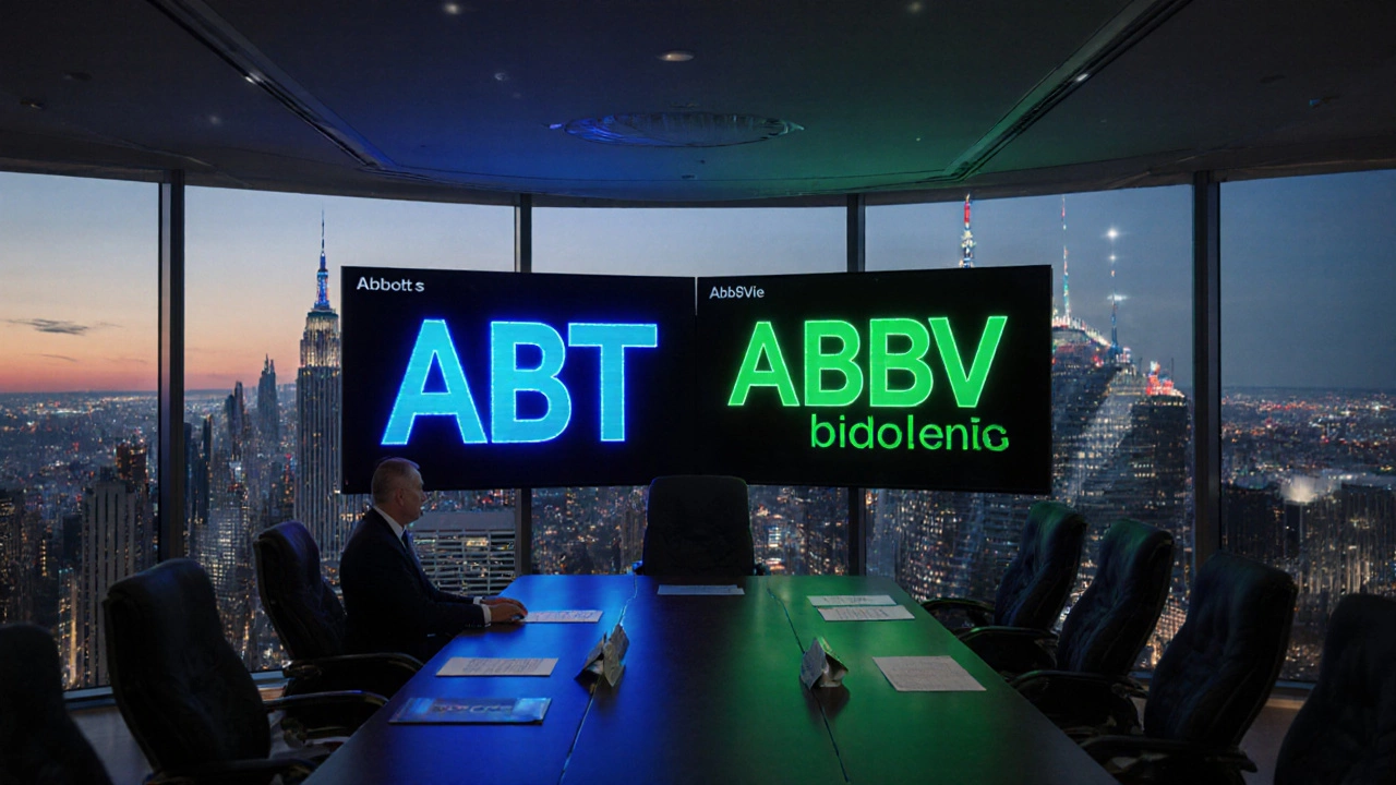 Modern boardroom with ABT and ABBV tickers on screens and shareholders exchanging shares.