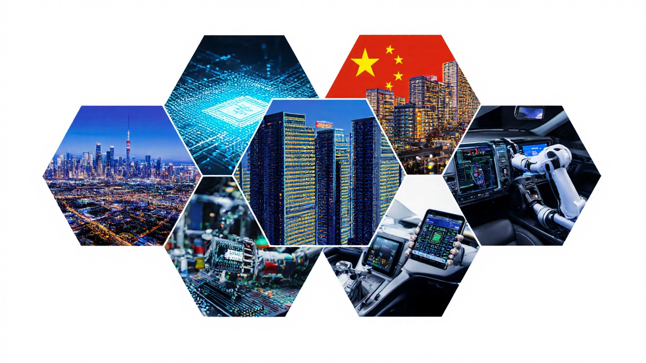 Six panels showing USA, China, South Korea, Japan, Taiwan, and Germany with electronics symbols.