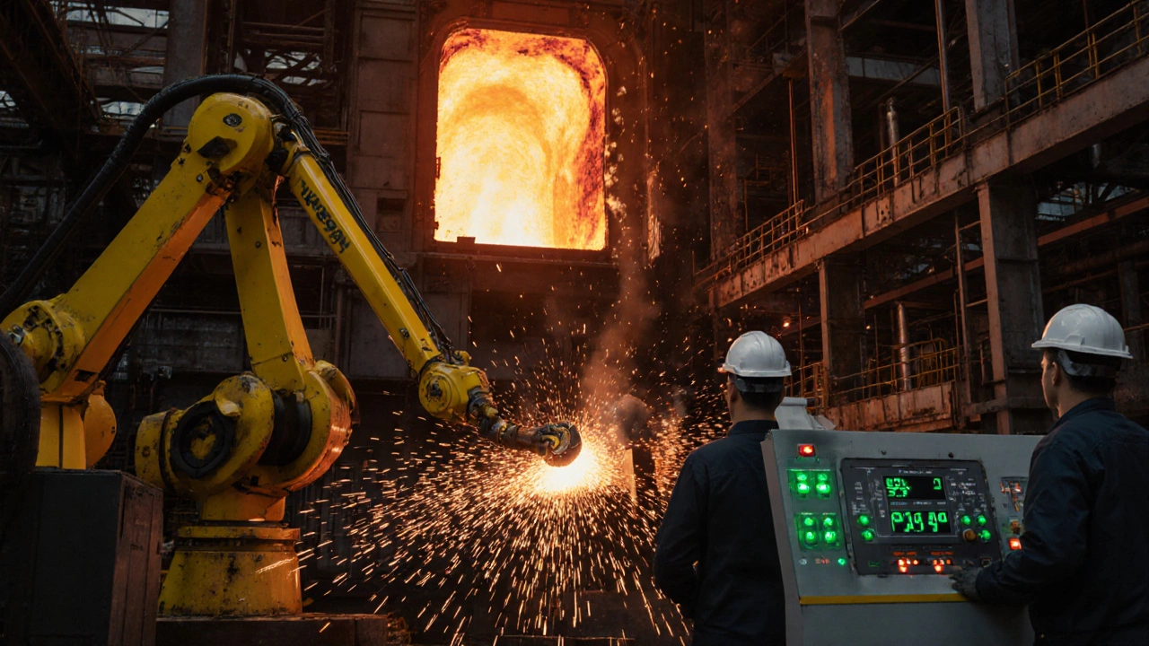 Steel plant furnace with robotic arm using tungsten carbide tool on hot metal.