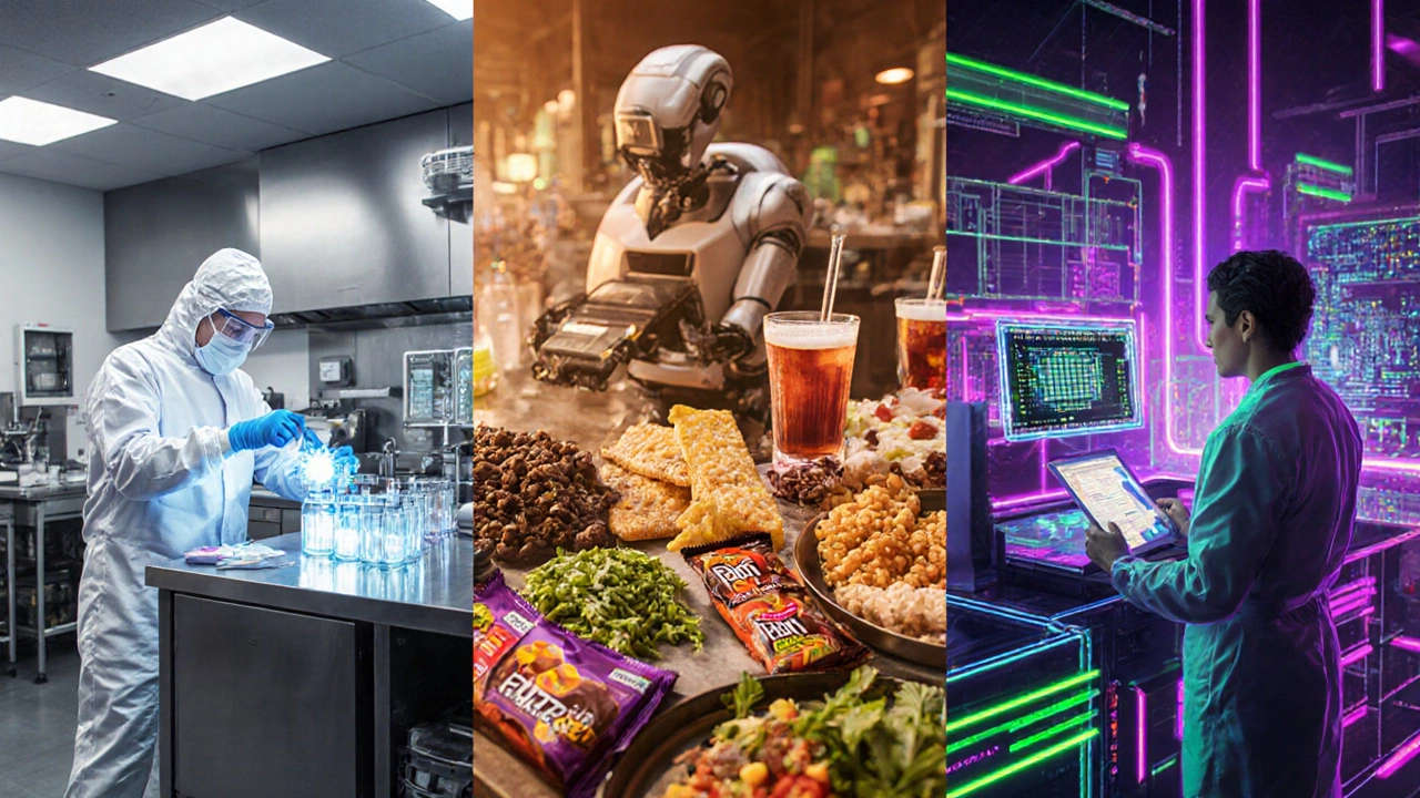 Three-part illustration showing pharma lab, artisanal food kitchen, and electronics fab.