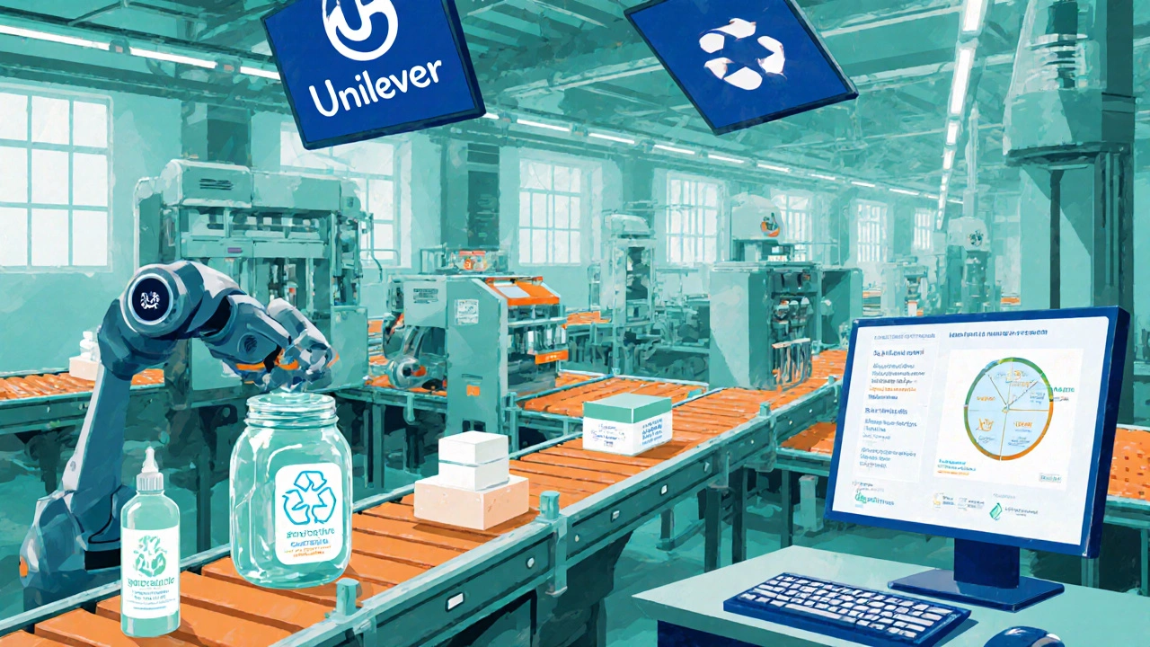 Unilever packaging line featuring AI screens, recyclable products, and a reusable glass jar.