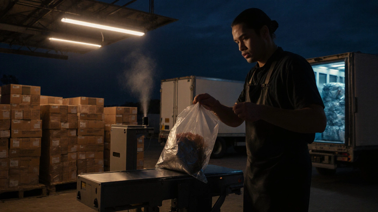 Worker sealing vacuum bags with packaged boxes loading into a cold truck at dusk.