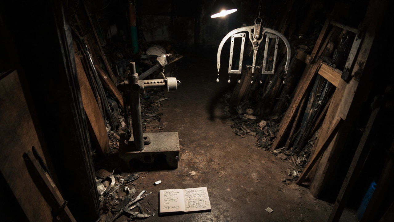 A metal bending brake in a garage workshop shaping custom bike brackets from scrap metal.