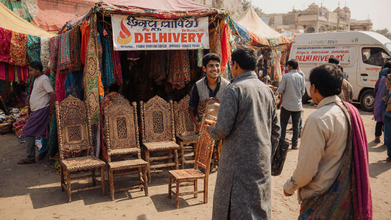A seller at a local Indian craft fair displaying wooden furniture to a curious customer.