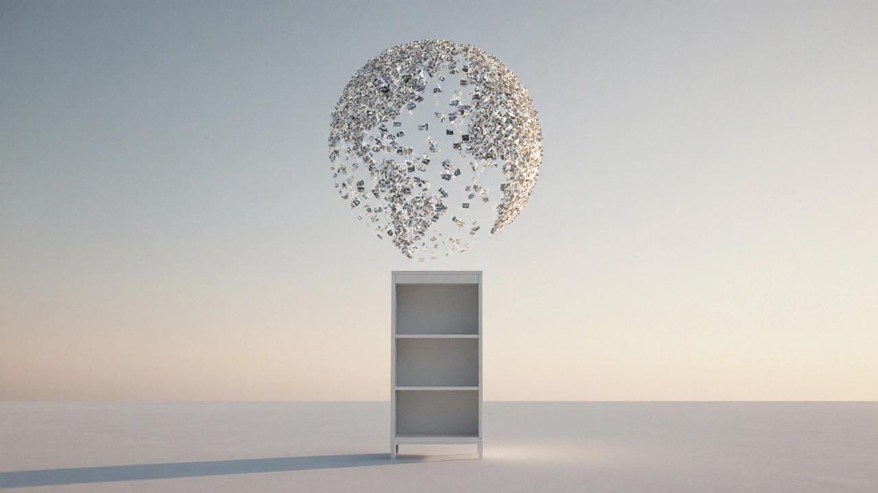 A single Billy bookcase with millions of translucent copies rising into a globe-shaped sky.
