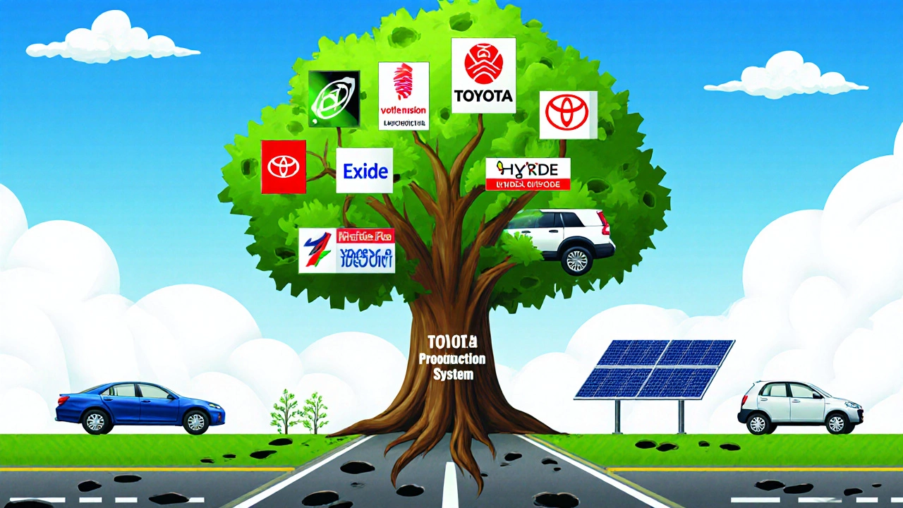 A tree grown from industrial gears, symbolizing Toyota&#039;s local partnerships in India.