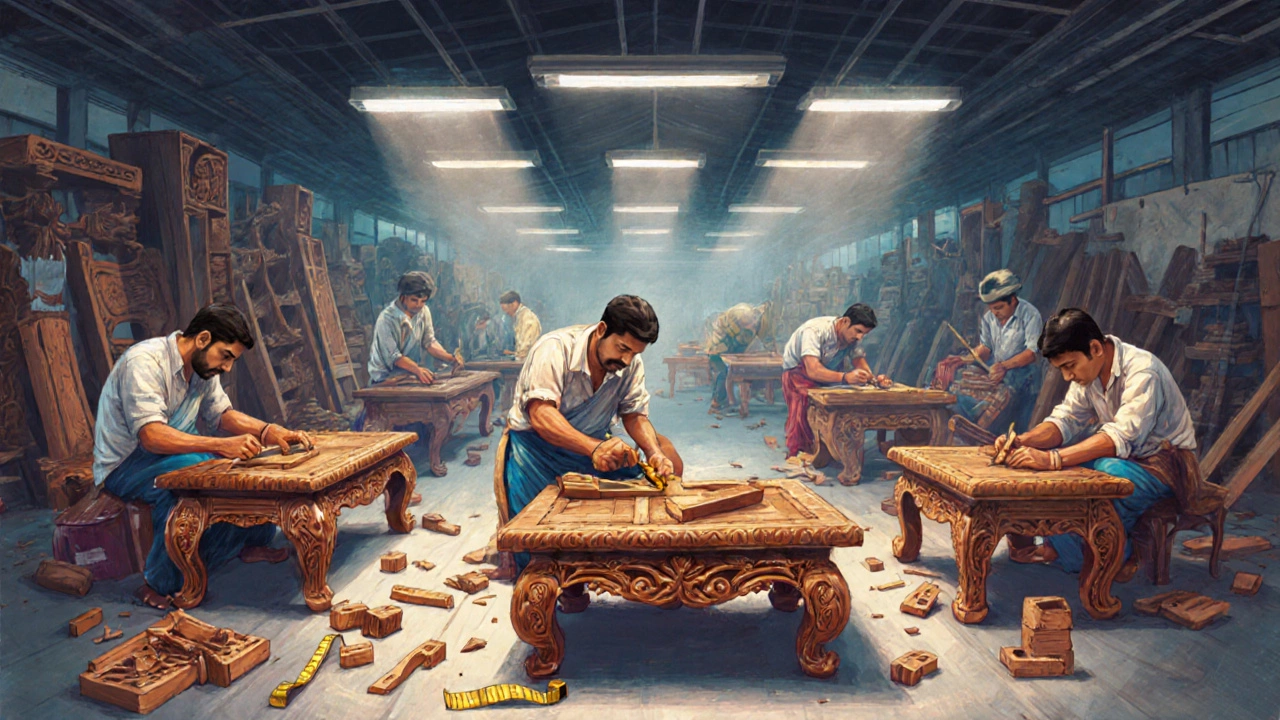 Artisans hand-carving wooden furniture in a workshop, inspectors checking joinery in the background.