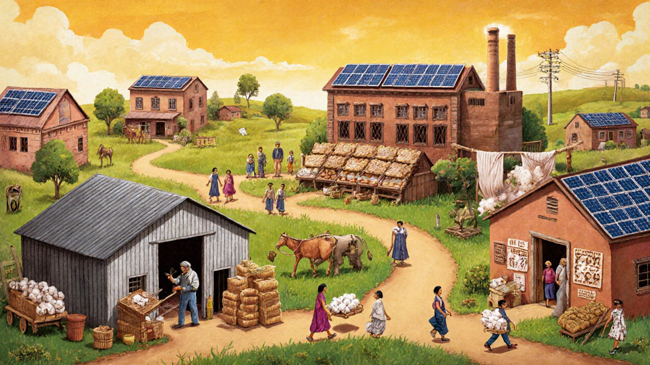 Community scene showing local workshops, customers, farmers, and solar-powered buildings in harmony.